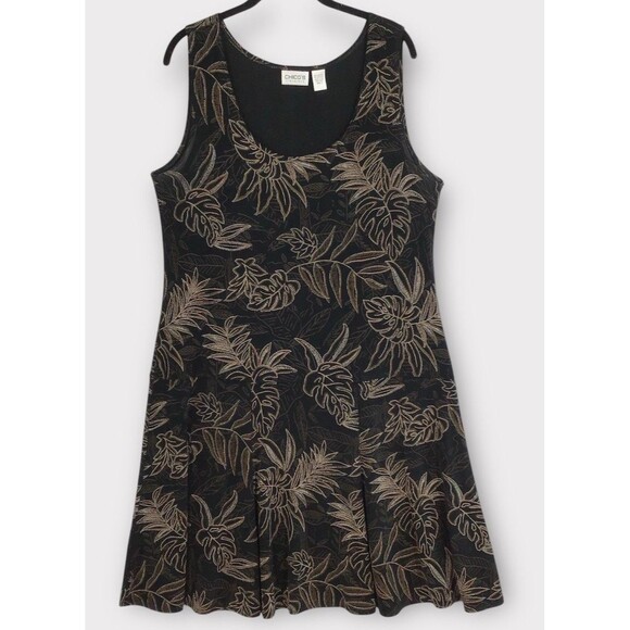 Chico's Dresses & Skirts - Chico's 3 Travelers Sleeveless Dress Women's XL Black Leaf Print Tropical Vacay